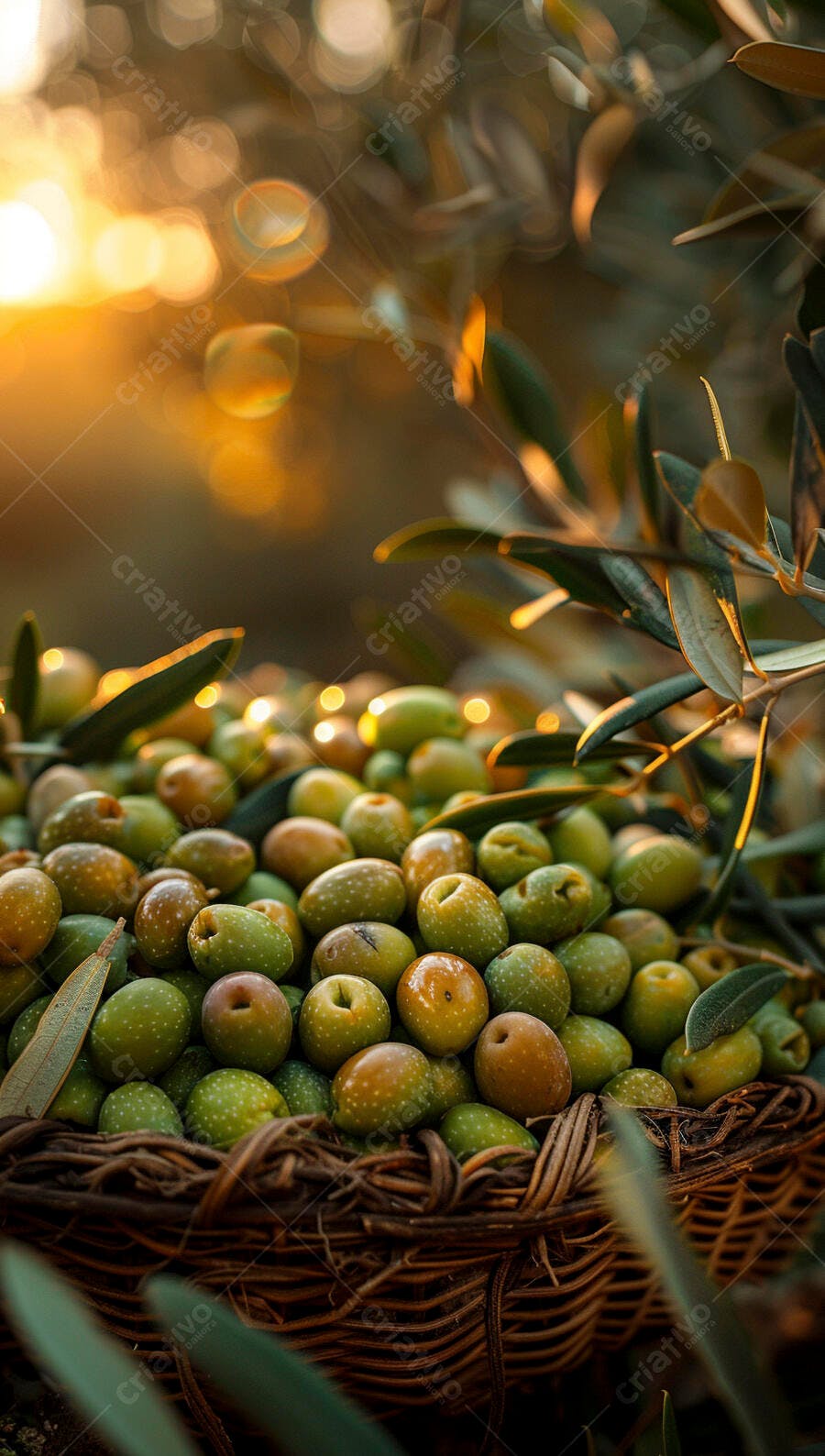 Azeitonas verdes em cesta ao pôr do sol