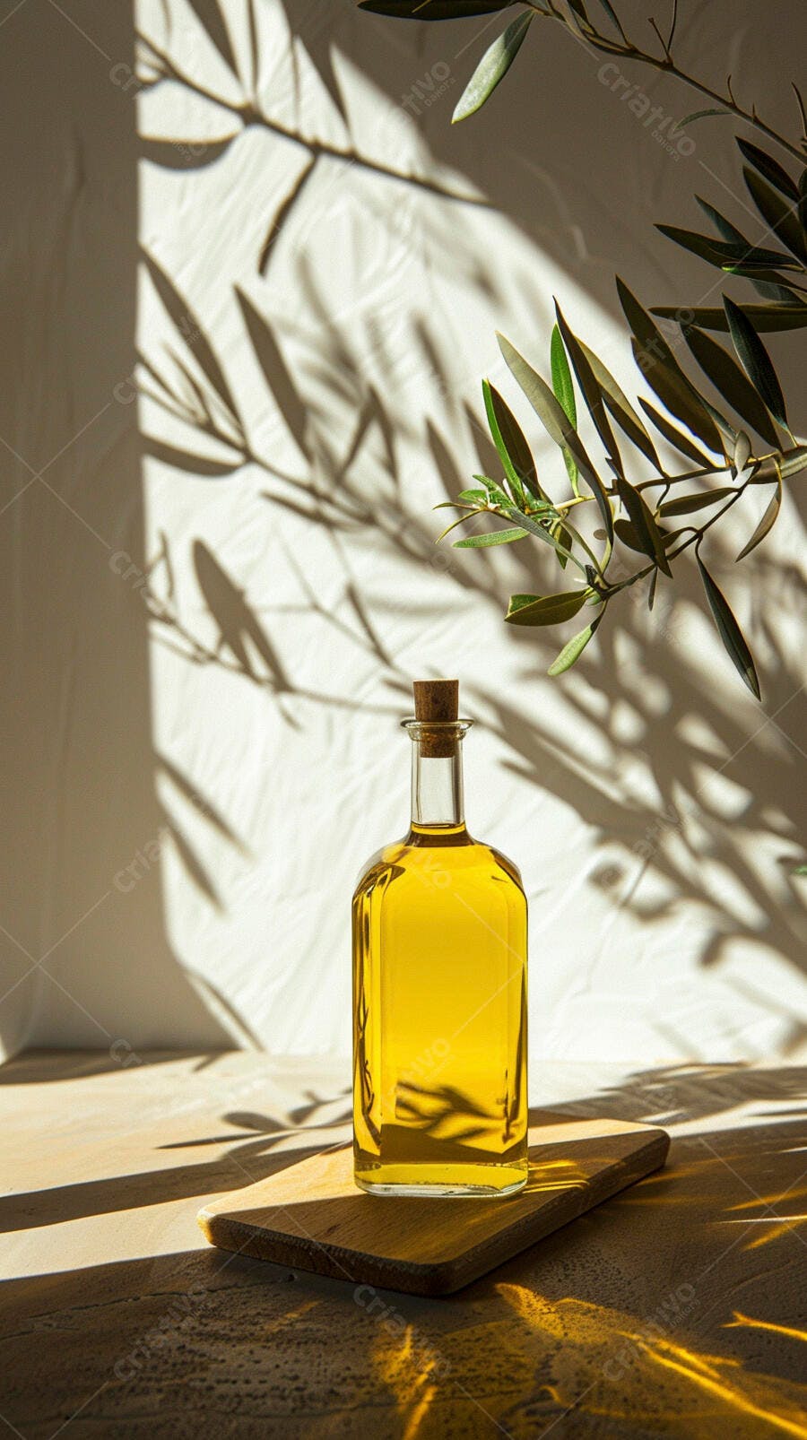 Garrafa de azeite de oliva em mesa de madeira