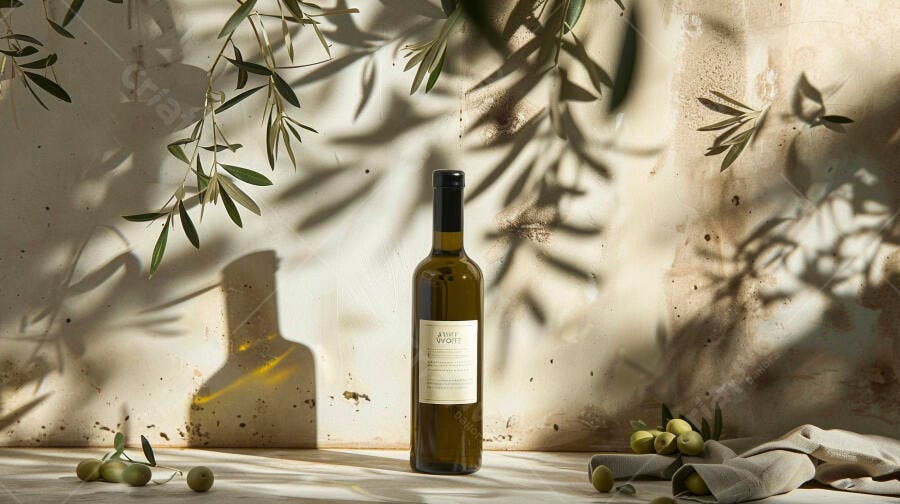 Garrafa de azeite de oliva com ramos de oliveira