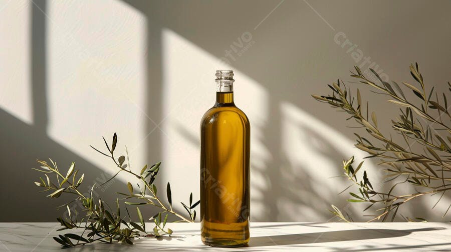 Garrafa de azeite de oliva com ramos de oliveira