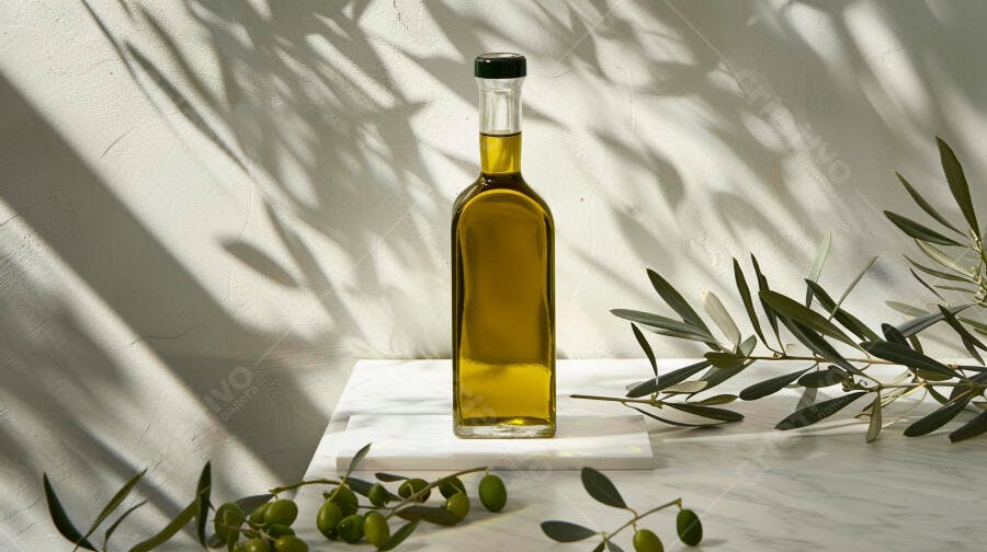 Garrafa de azeite de oliva com ramos de oliveira