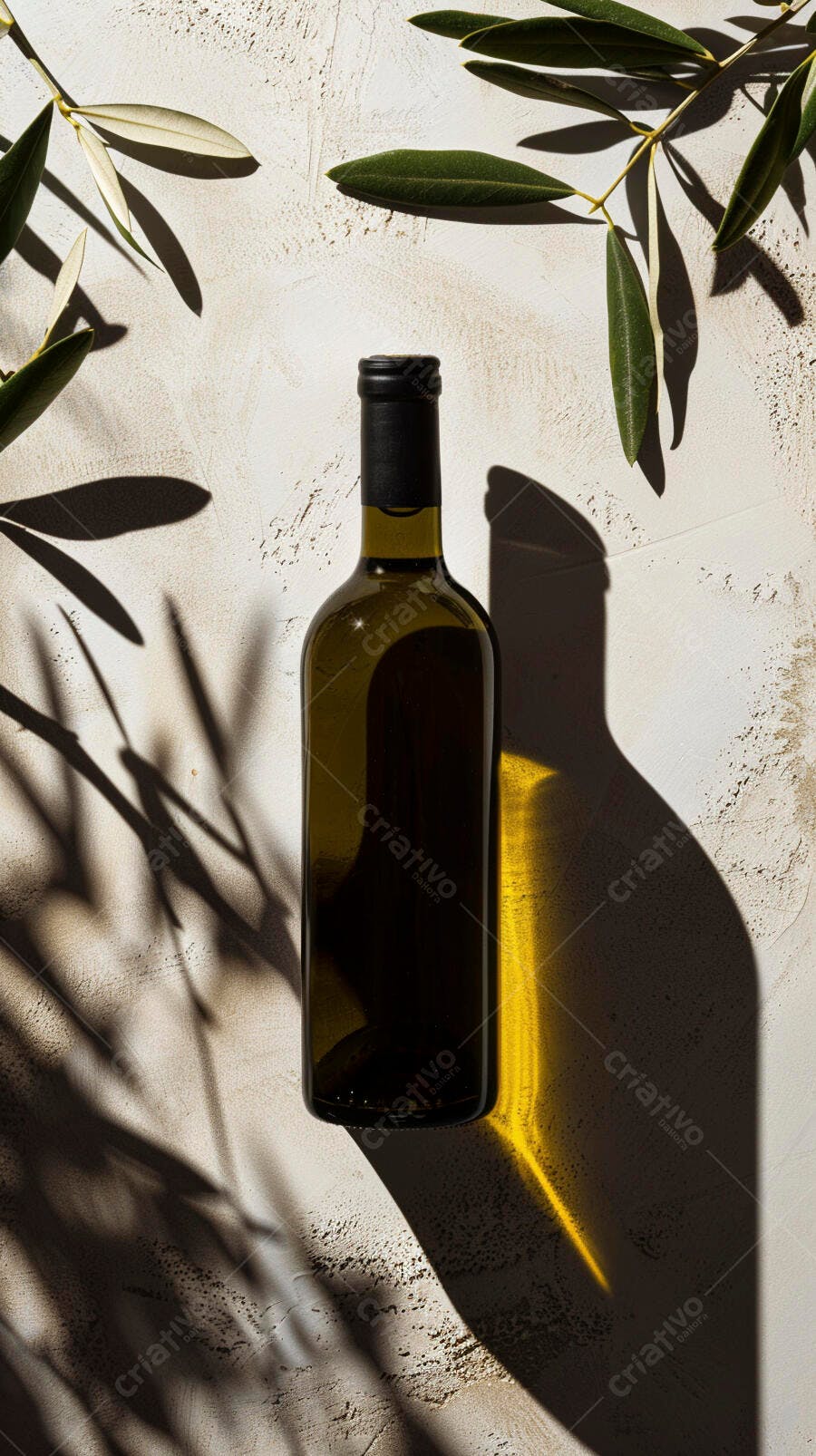 Garrafa de azeite de oliva com folhas