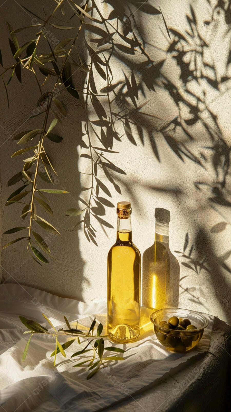 Garrafas de azeite de oliva com azeitonas verdes