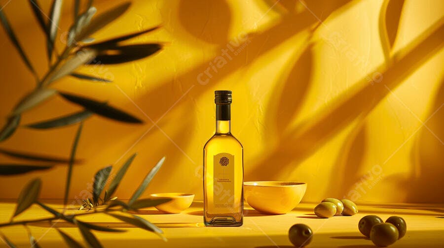 Garrafa de azeite de oliva em fundo amarelo