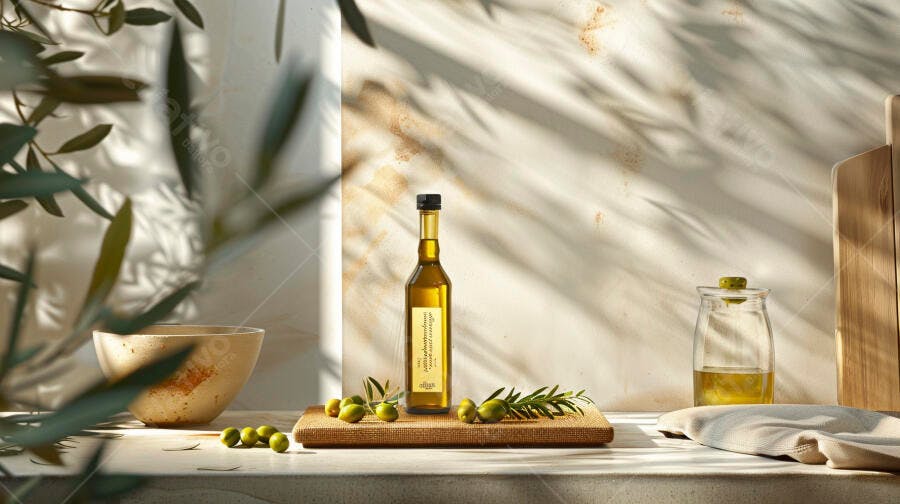 Garrafa de azeite de oliva em cenário mediterrâneo