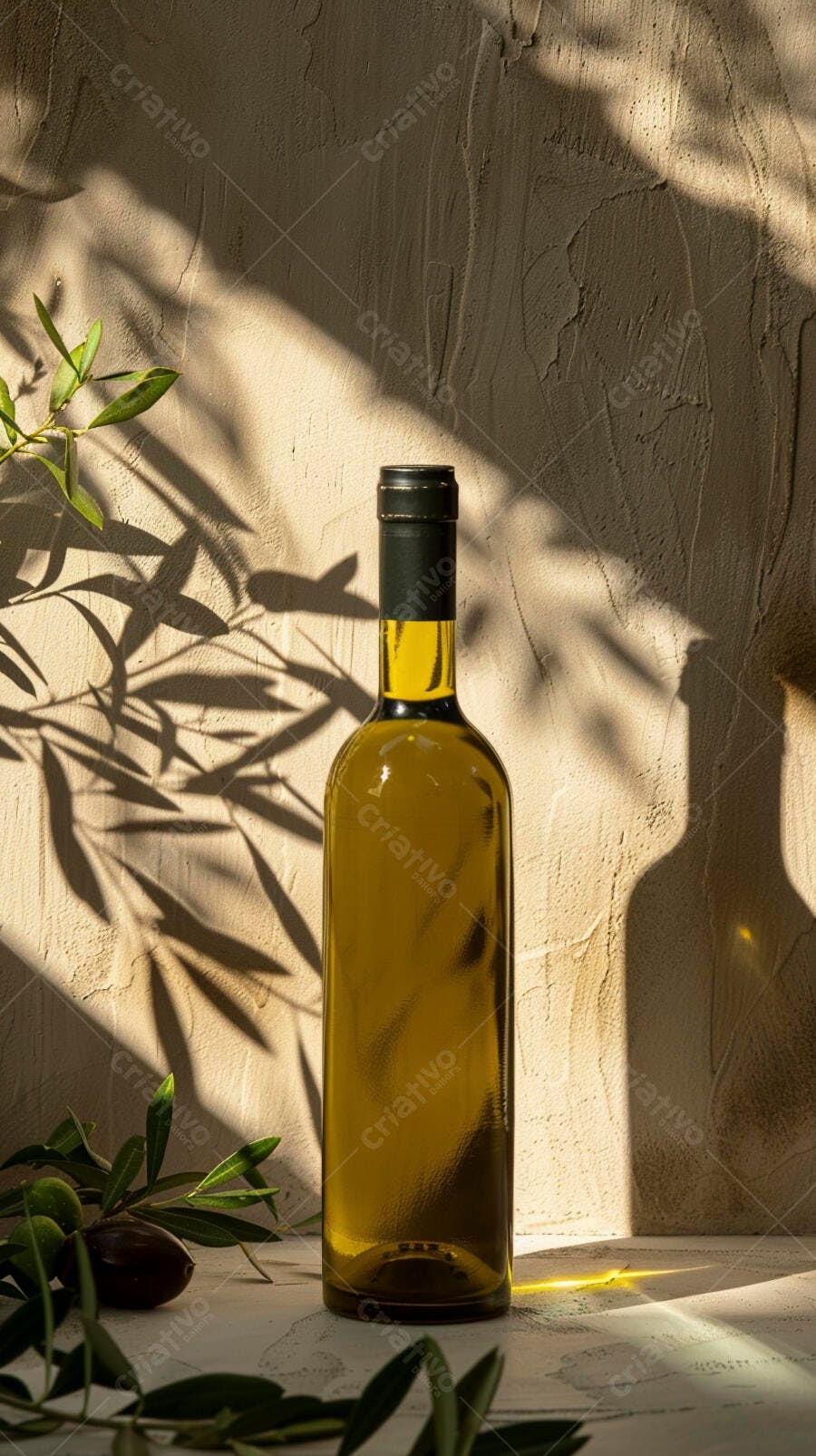 Garrafa de azeite de oliva com ramos de oliveira