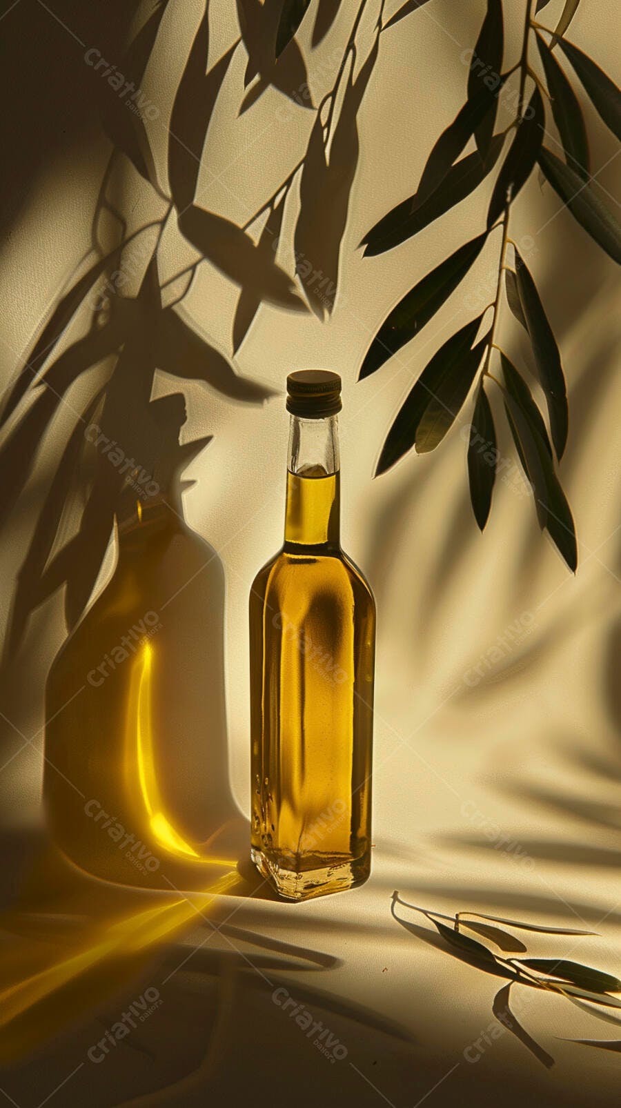 Garrafa de azeite de oliva com folhas de oliveira
