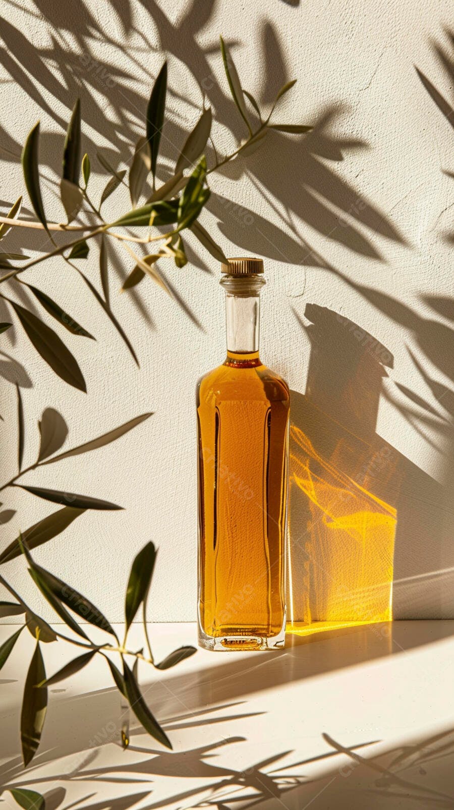 Garrafa de azeite de oliva iluminada pelo sol