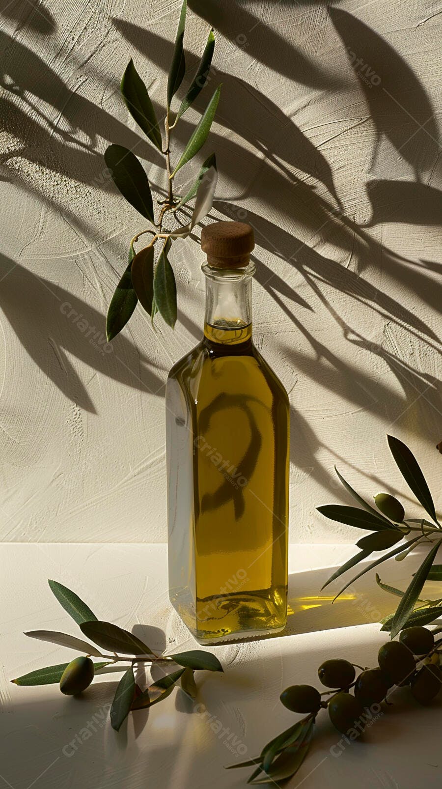 Garrafa de azeite de oliva com ramos de oliveira