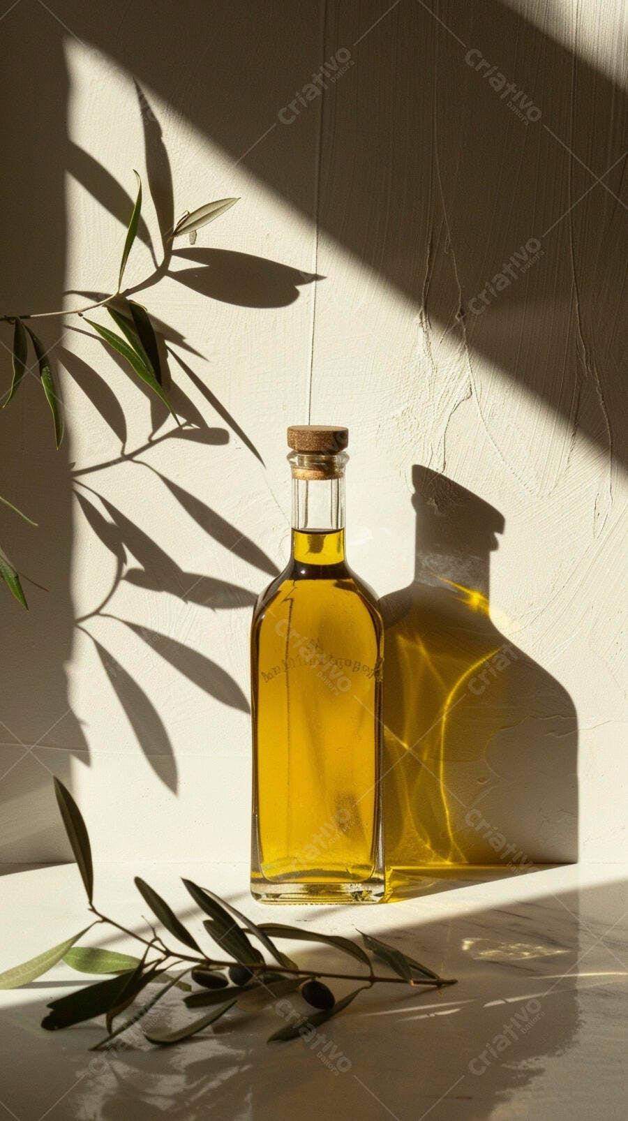 Garrafa de azeite de oliva com ramos de oliveira