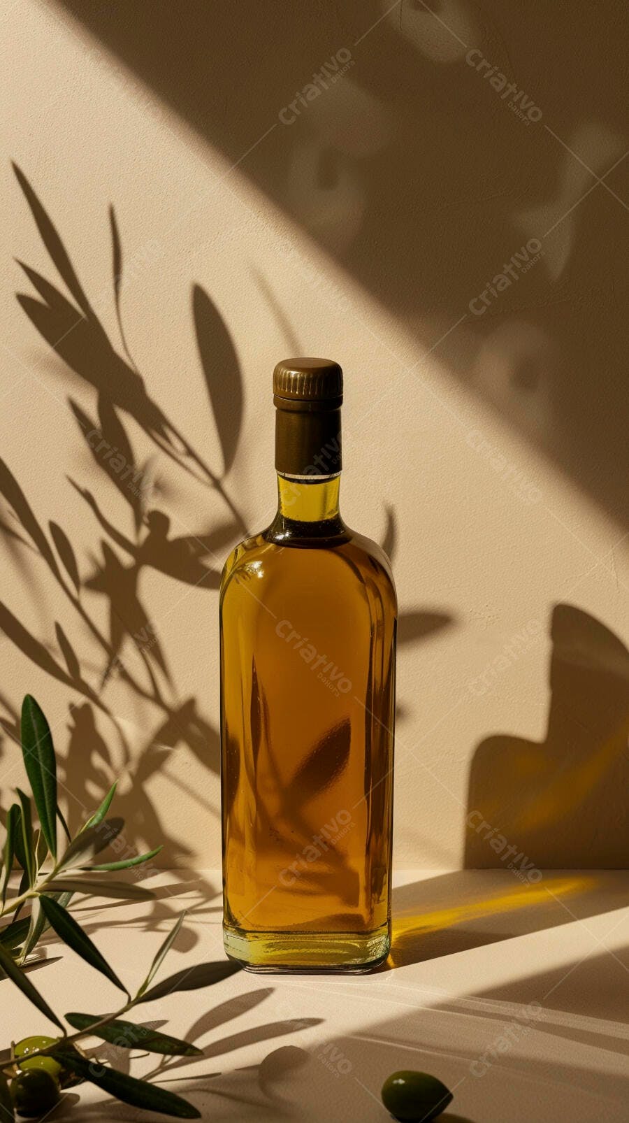 Garrafa de azeite de oliva com ramos