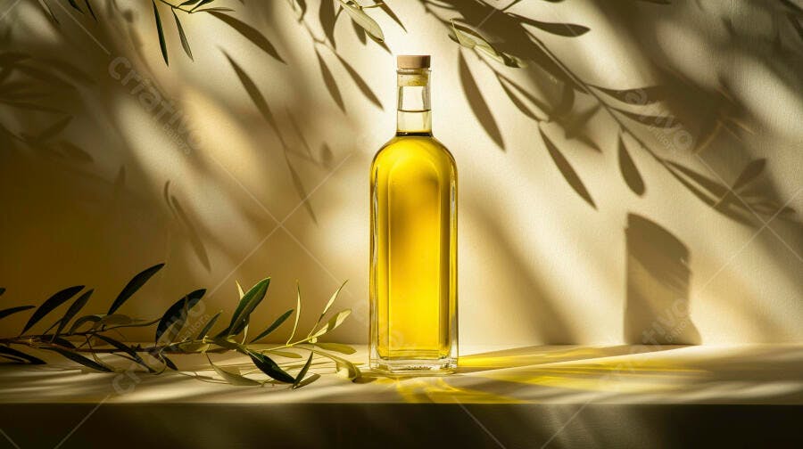 Garrafa de azeite de oliva com ramos de oliveira