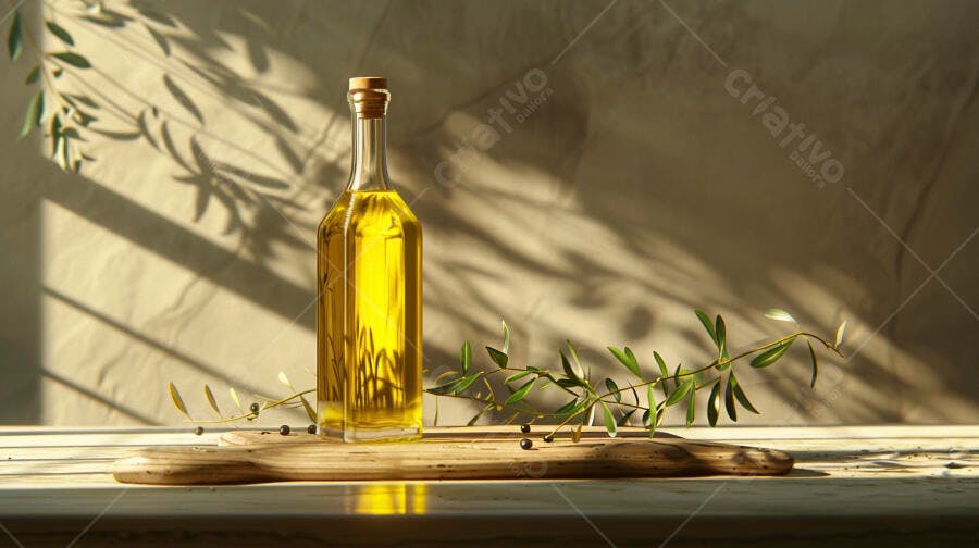Garrafa de azeite de oliva com ramo de oliveira