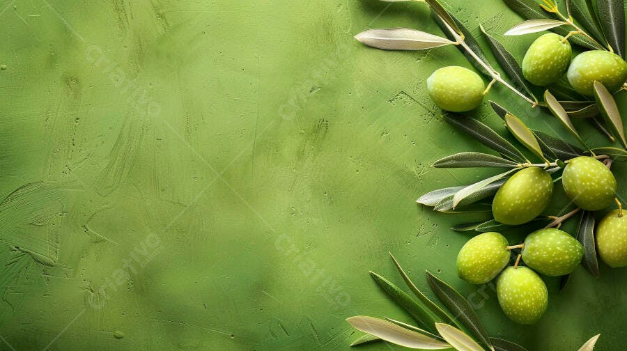 Azeitonas verdes em galhos sobre fundo verde