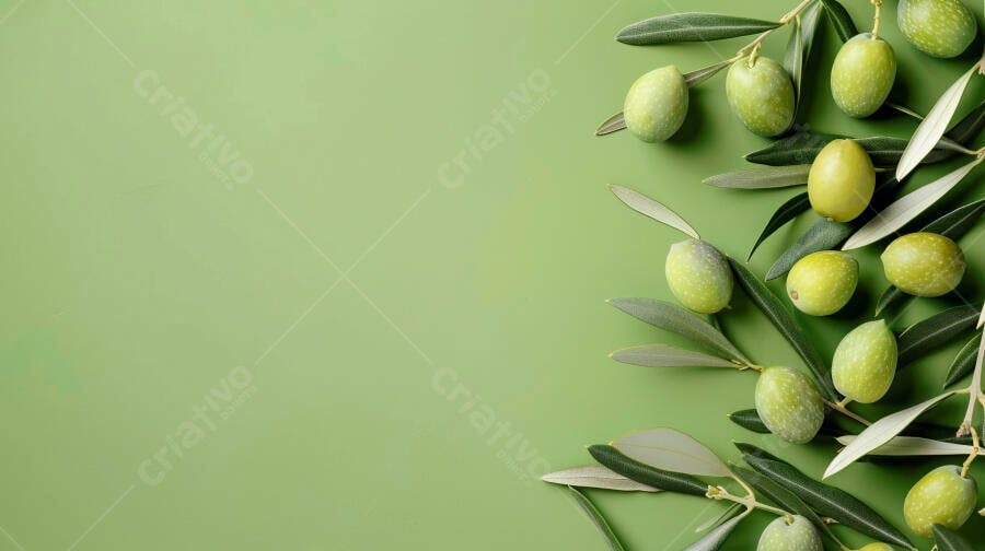 Azeitonas verdes com folhas em fundo verde