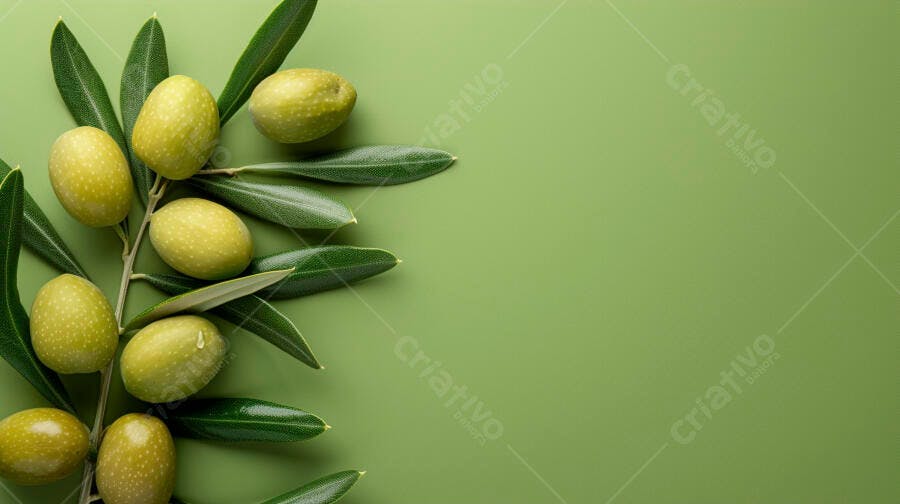 Azeitonas verdes em ramo com folhas fundo verde