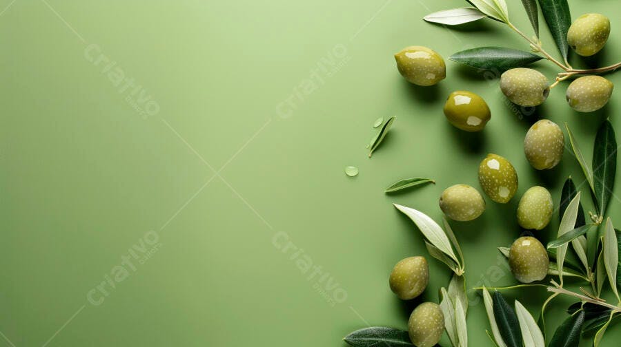 Azeitonas verdes e folhas em fundo verde