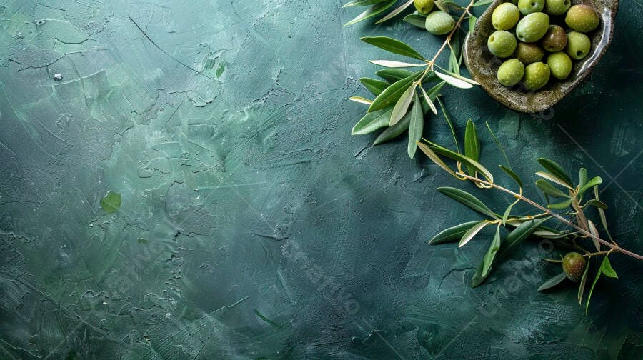 Azeitonas verdes em tigela sobre fundo verde escuro