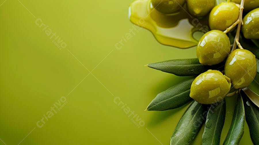 Azeitonas verdes em ramo com azeite