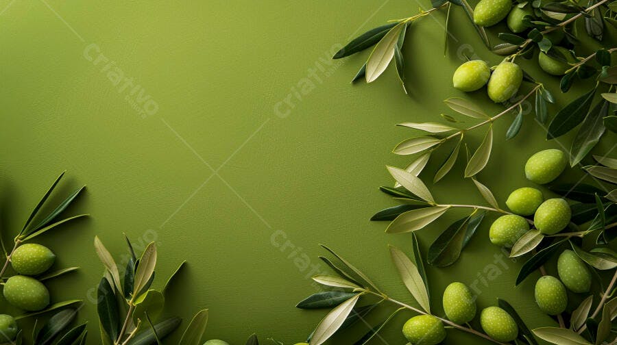 Azeitonas verdes e ramos em fundo verde