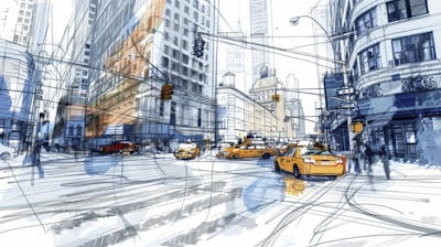 Esboço Artístico de Nova York - Ilustração Urbana e Arquitetura Moderna