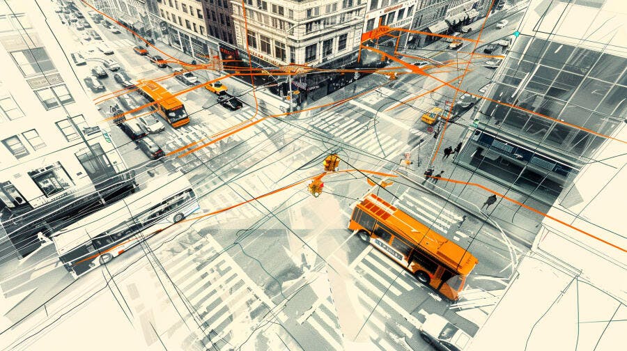 Cruzamento urbano ônibus laranja
