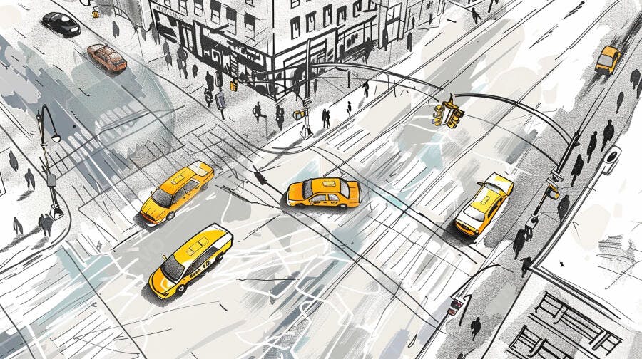 Táxis Amarelos em Cruzamento de Nova York