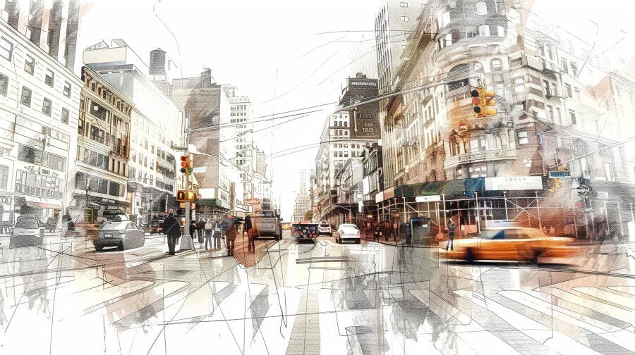 Rua movimentada em Nova York estilo esboço