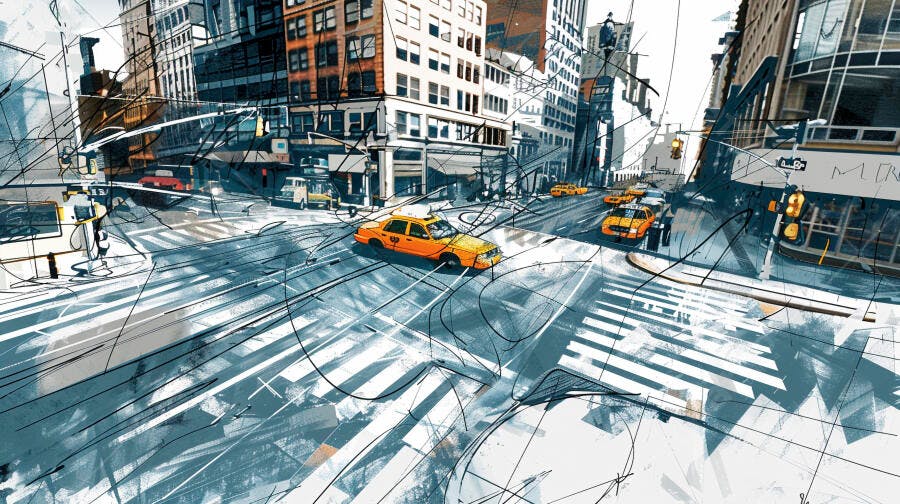 Táxis Amarelos em Cruzamento de Nova York