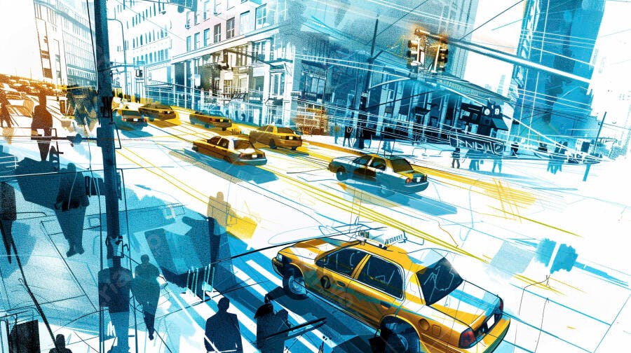 Táxis Amarelos em Rua de Nova York