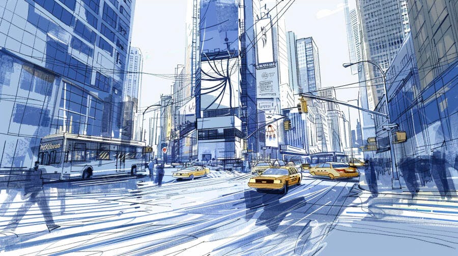 Rua movimentada em Nova York estilo esboço
