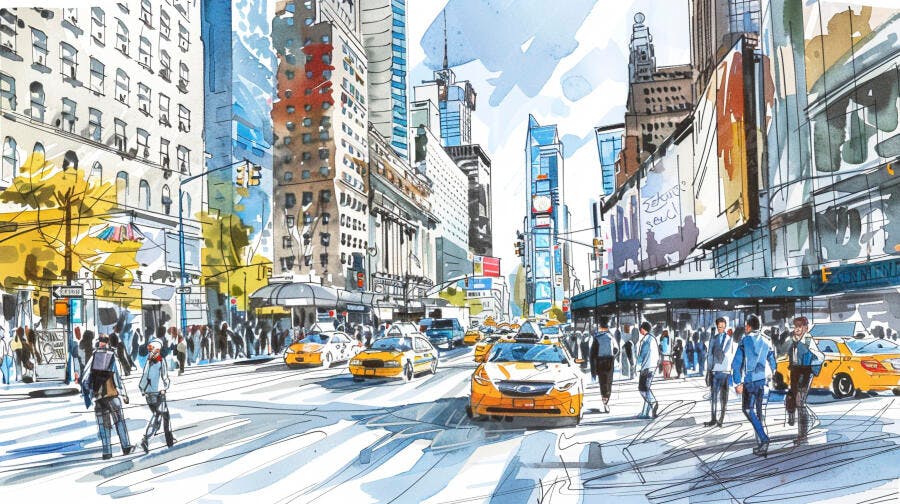 Rua movimentada em Nova York com táxis amarelos