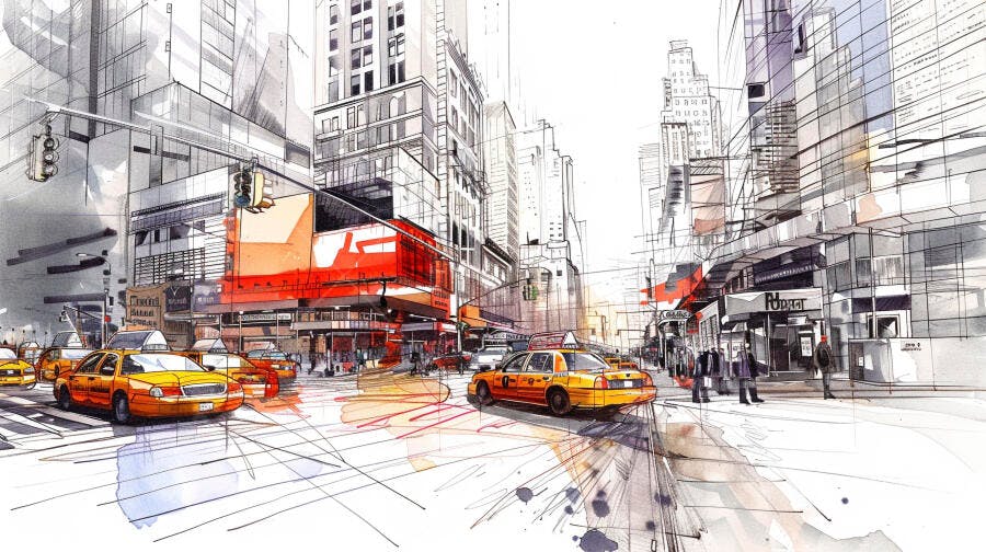 Táxis amarelos em cruzamento de Nova York