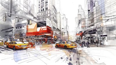 Esboço Artístico de Nova York - Ilustração Urbana e Arquitetura Moderna