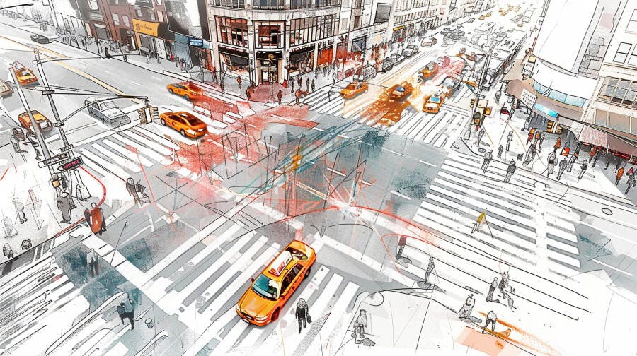 Táxi Amarelo em Cruzamento de Nova York