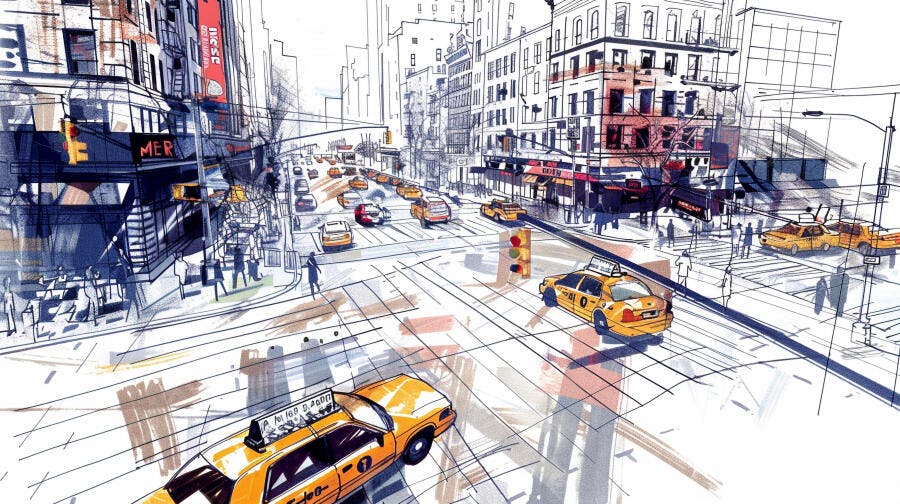 Táxis amarelos em cruzamento de rua em Nova York