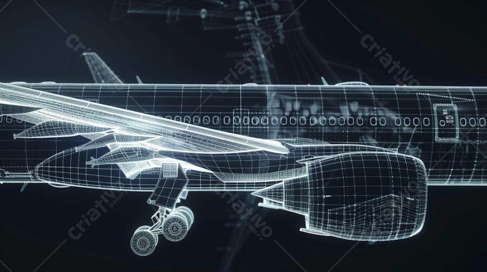 Modelo 3D de Avião em Wireframe - Visualização Tecnológica e Engenharia Aeronáutica