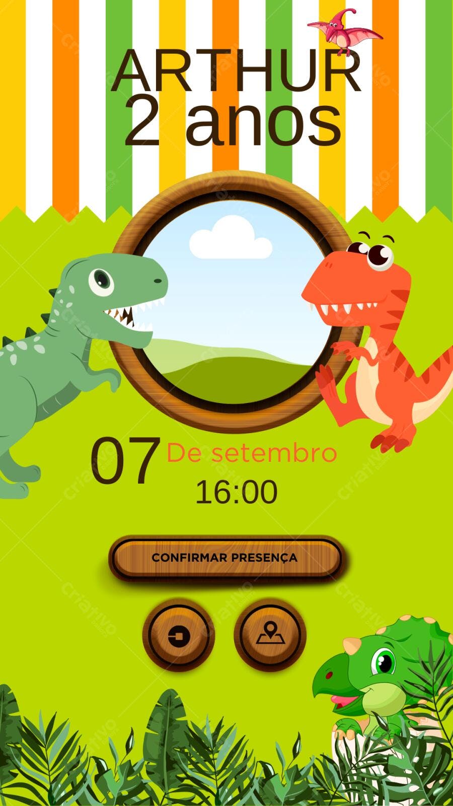 Convite Aniversário Infantil Dinossauros Verde Laranja Editável no Canva