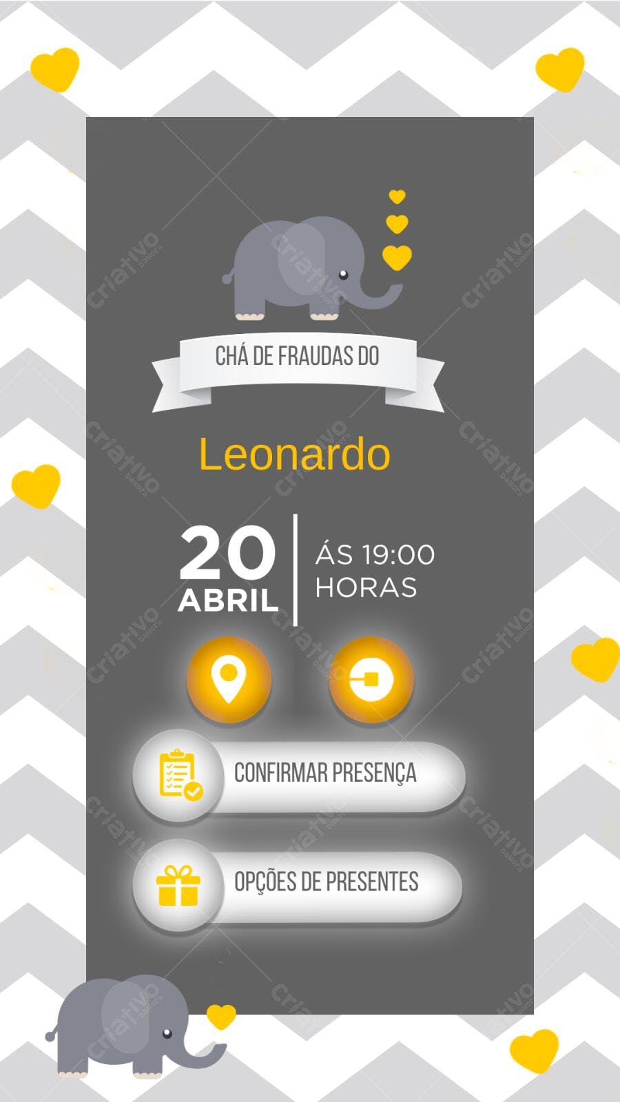 Convite Chá de Bebê Elefante Cinza e Amarelo Editável no Canva