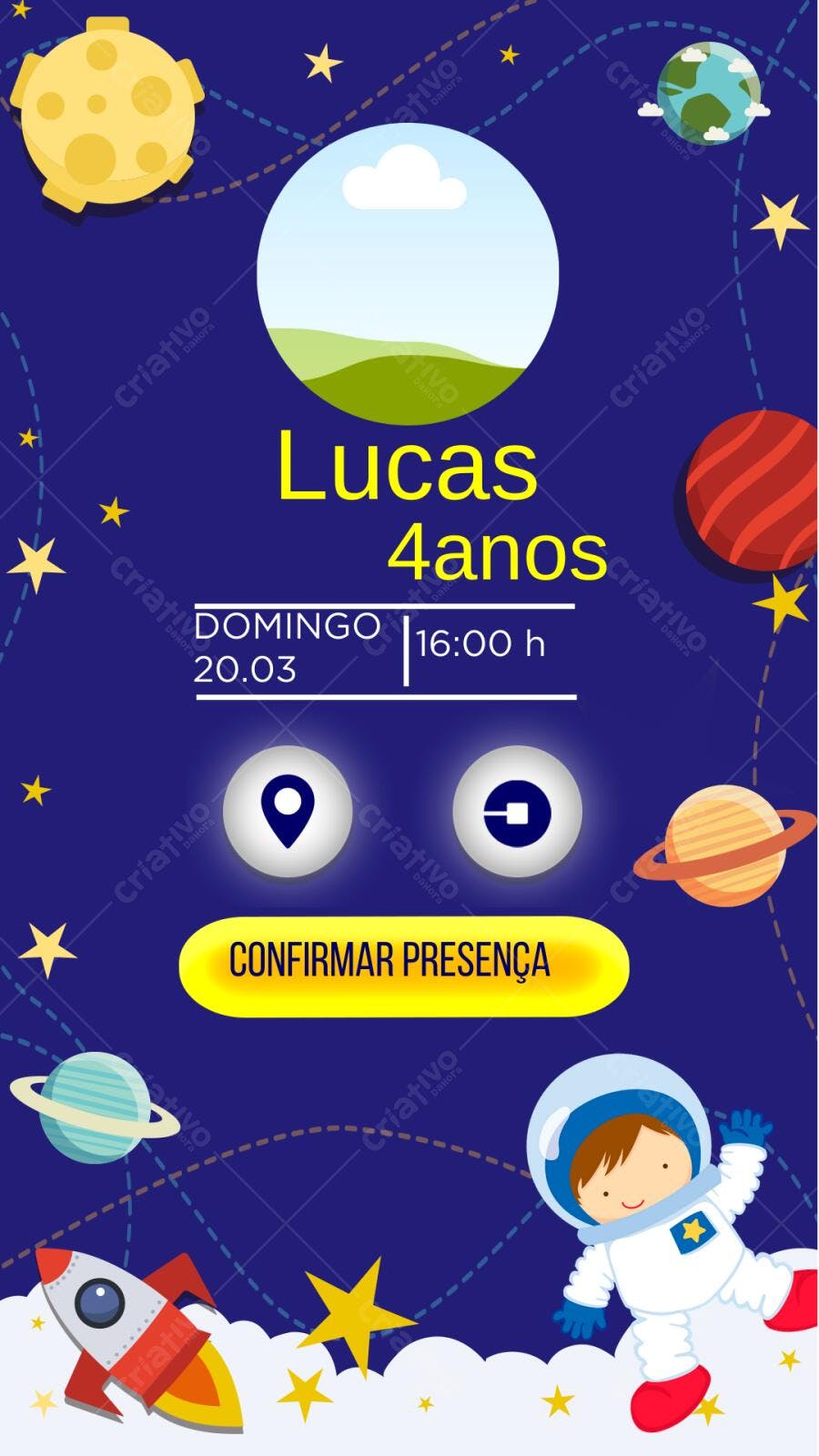 Convite Festa Infantil Astronauta Espaço Editável no Canva
