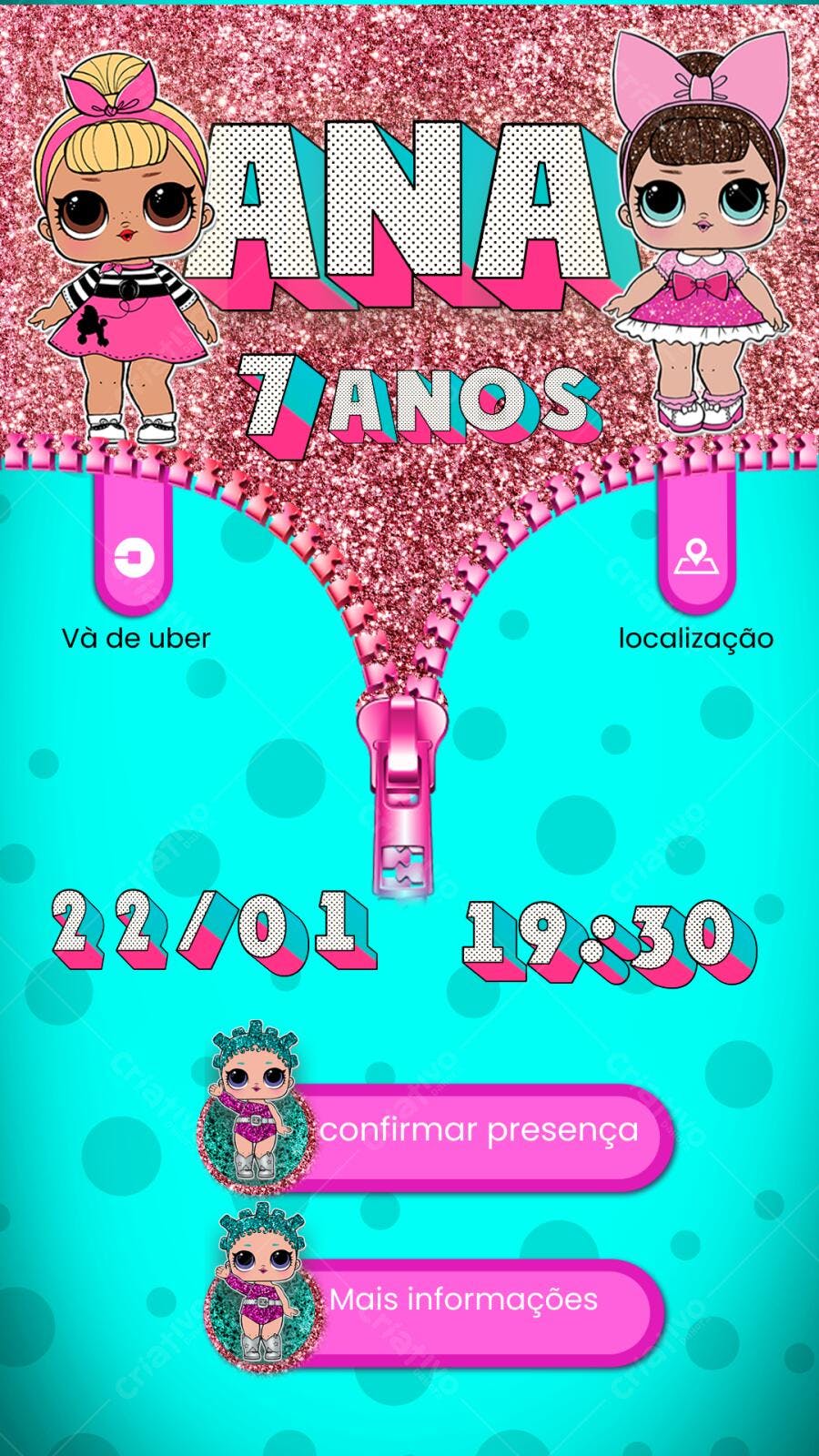 Convite de Aniversário Infantil LOL Surprise Rosa e Azul Editável no Canva