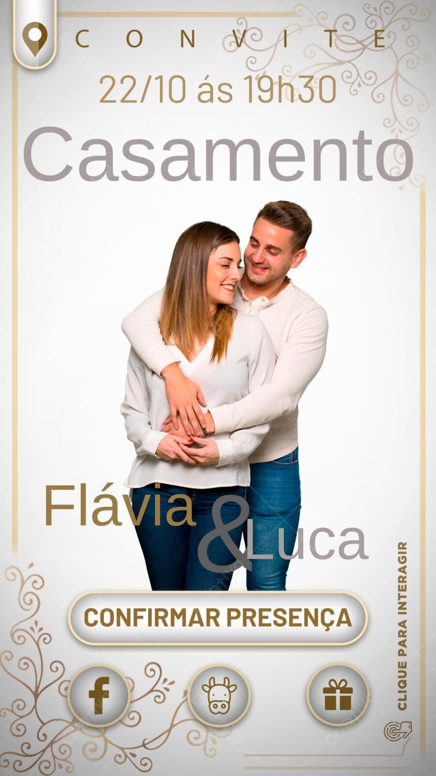 Convite de Casamento Elegante Bege e Dourado Editável no Canva