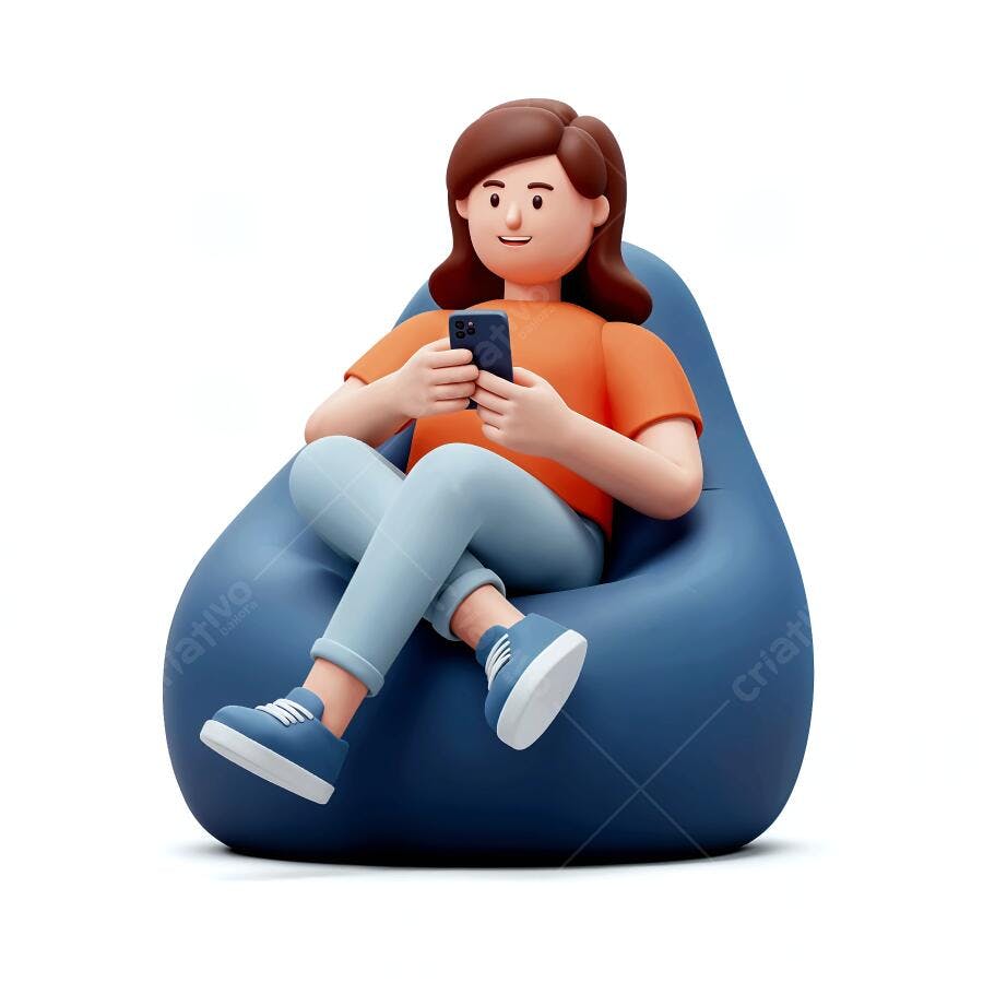 Mulher usando celular em pufe azul