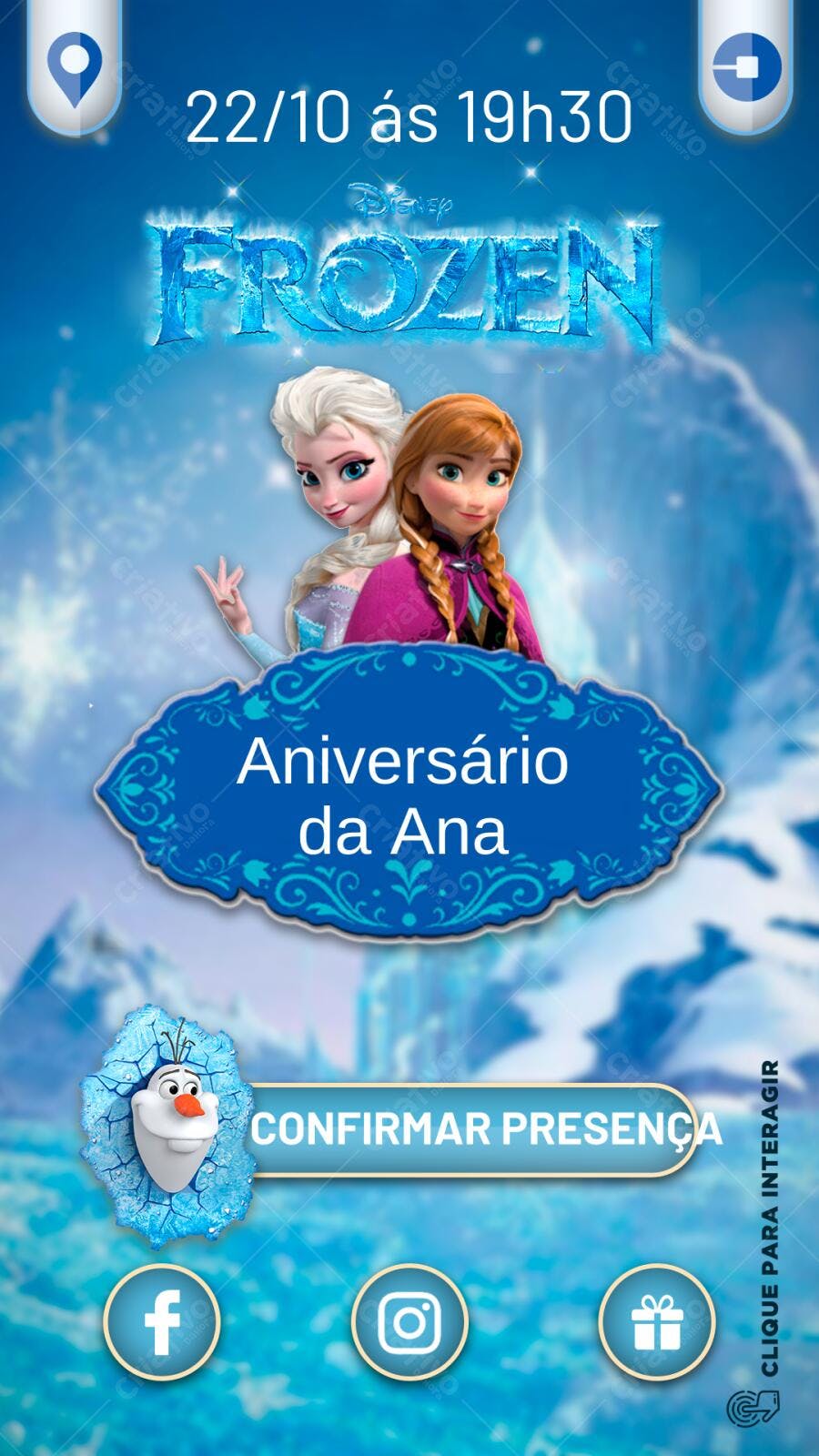Convite de Aniversário Frozen com Elsa e Anna Editável no Canva
