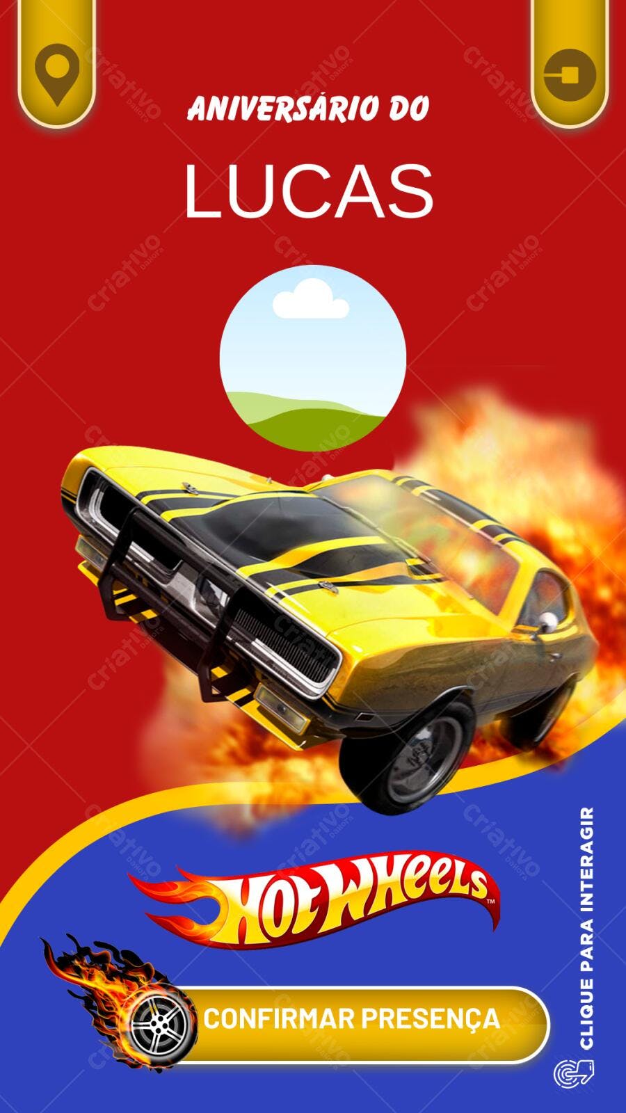 Convite de Aniversário Hot Wheels Amarelo e Vermelho Editável no Canva