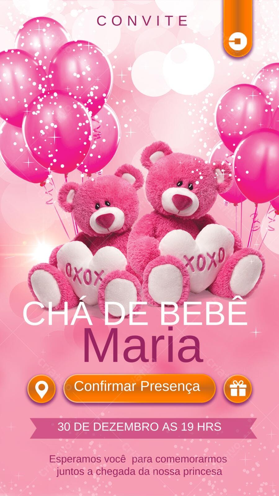 Convite Chá de Bebê Ursinhos Rosa e Balões Pink Editável no Canva