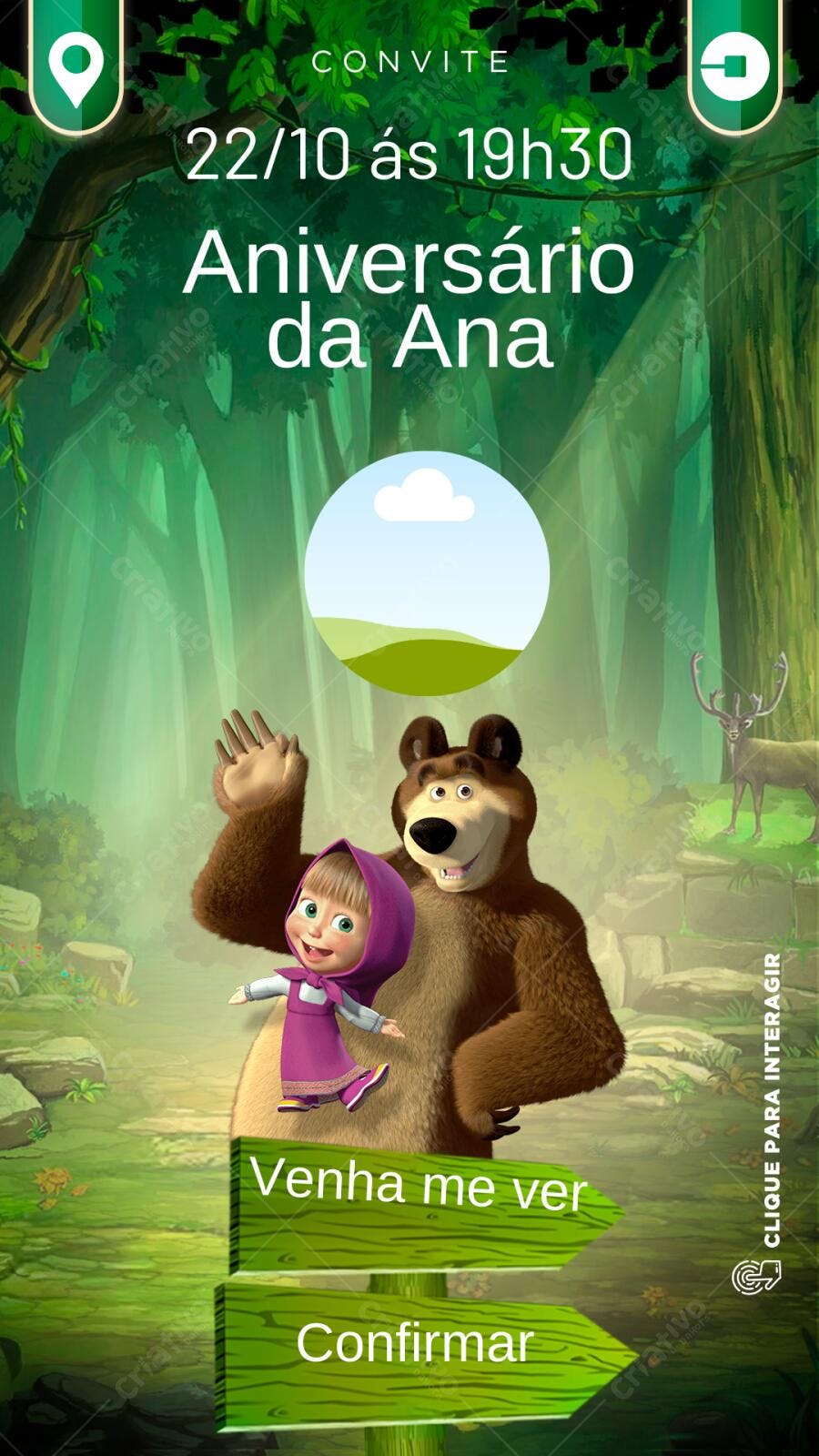 Convite de Aniversário Infantil Masha e o Urso Floresta Editável no Canva