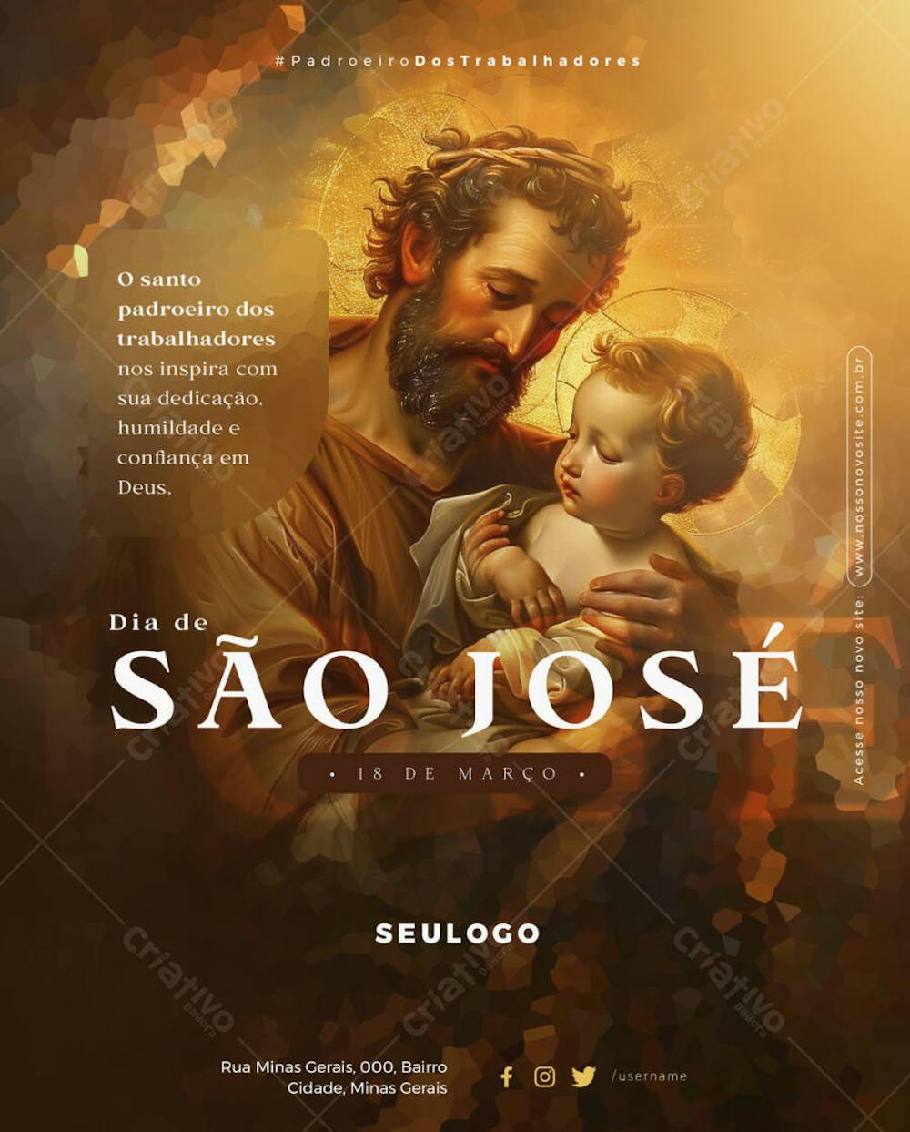 Psd Editável - 19 de Março - Dia de São José - Padroeiro dos trabalhadores Família Colheita Patrono da Igreja 