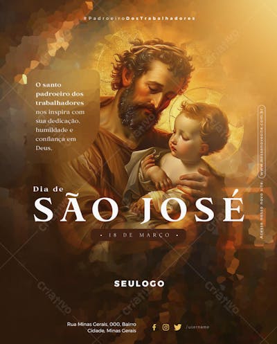Psd Editável - 19 de Março - Dia de São José - Padroeiro dos trabalhadores Família Colheita Patrono da Igreja 