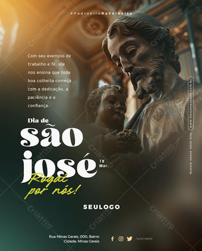Psd Editável - 19 de Março - Dia de São José - Padroeiro dos trabalhadores Família Colheita Patrono da Igreja 